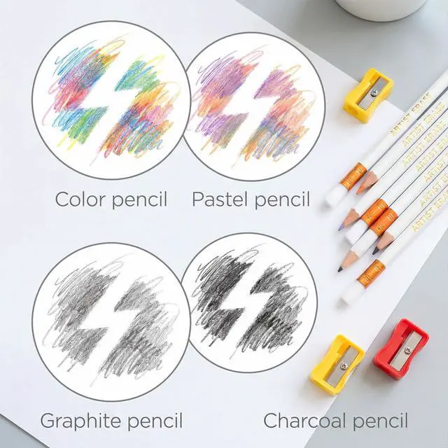Alt view image 5 of 7 - 6Pack Precision Eraser Pen Detail Erasers Artists Pen Style Eraser | Professional Highlight Painting Tool, for Sketch Charcoal Drawing Writing Detailing, 2 Sharpener