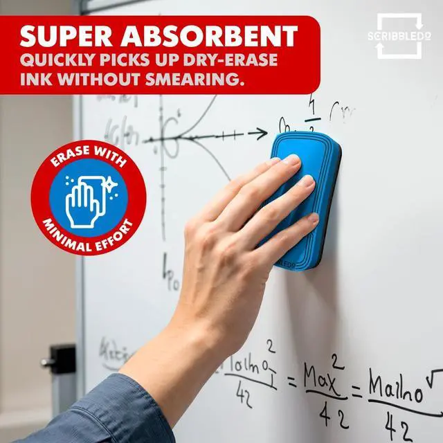 Alt view image 4 of 7 - Magnetic Dry Erase Eraser Red & Blue 2 Pack Whiteboard Cleaner | STREAK-FREE WHITEBOARD ERASER Soft felt pad wipes whiteboards and glass boards clean in one pass, no smearing or ghosting.