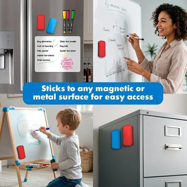 Alt view image 5 of 7 - Magnetic Dry Erase Eraser Red & Blue 2 Pack Whiteboard Cleaner | STREAK-FREE WHITEBOARD ERASER Soft felt pad wipes whiteboards and glass boards clean in one pass, no smearing or ghosting.