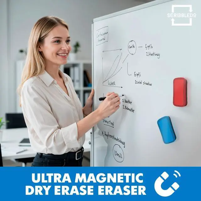 Alt view image 6 of 7 - Magnetic Dry Erase Eraser Red & Blue 2 Pack Whiteboard Cleaner | STREAK-FREE WHITEBOARD ERASER Soft felt pad wipes whiteboards and glass boards clean in one pass, no smearing or ghosting.
