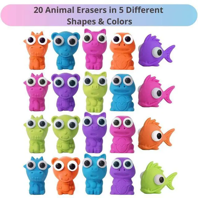 Alt view image 2 of 7 - Animal Pencil Top Eraser, 20 Pack, 5 Assorted Styles | Cute Animal Designs with Pop-Out Eyes, Latex-Free, No-Smudge Cap Pencil Erasers for Kids, Teachers