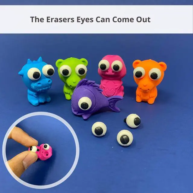 Alt view image 4 of 7 - Animal Pencil Top Eraser, 20 Pack, 5 Assorted Styles | Cute Animal Designs with Pop-Out Eyes, Latex-Free, No-Smudge Cap Pencil Erasers for Kids, Teachers