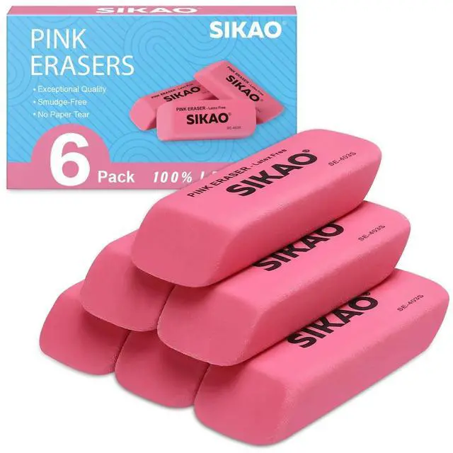 Main image of Pink Erasers, 6 Pack Pencil Erasers | Latex-Free & Smudge-Free Beveled Rubber Erasers for School Supplies, Classroom, Art & Homework