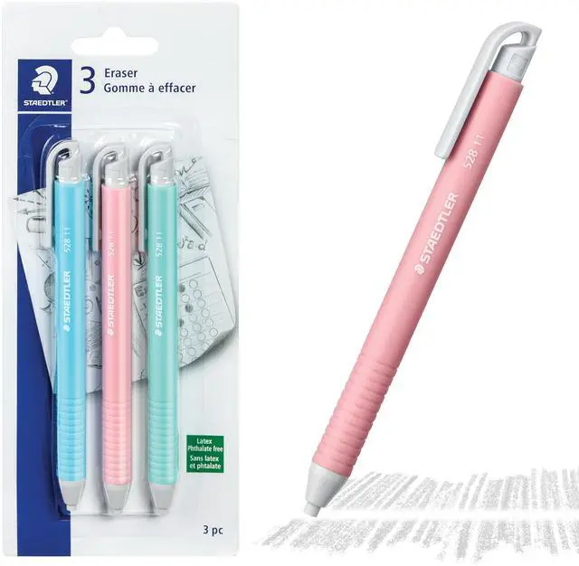 Main image of Vinyl Eraser Holder 3-Pack, Retractable Precision Erasers for Pencils, Soft Latex-Free Vinyl, Smudge-Free Clean Erasing for Drawing, Drafting, School & Office Use