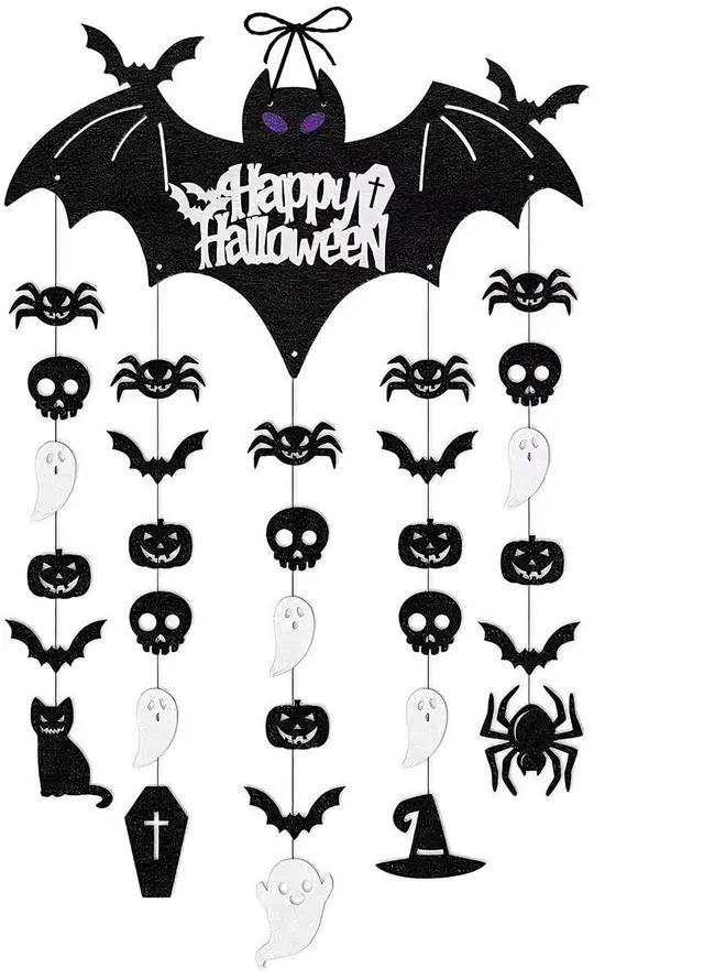 Main image of Halloween Door Decorations, Black Bat Hanging Door Sign with Pumpkin Ghost Skull Spider Ornaments, Happy Halloween Wall Decor for Indoor Outdoor Home Party Haunted House Decor