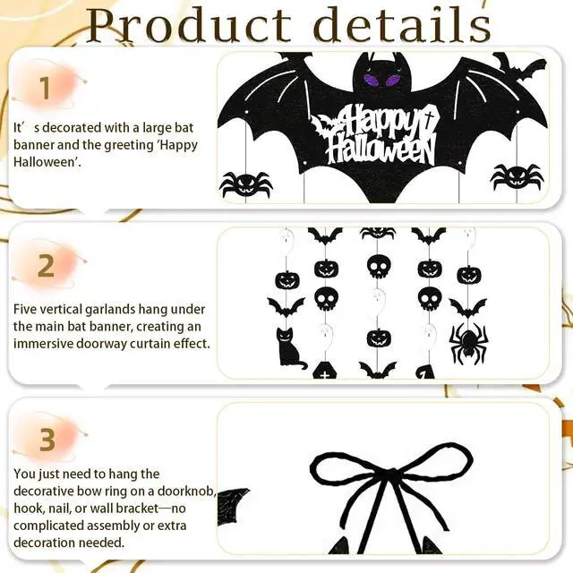 Alt view image 3 of 7 - Halloween Door Decorations, Black Bat Hanging Door Sign with Pumpkin Ghost Skull Spider Ornaments, Happy Halloween Wall Decor for Indoor Outdoor Home Party Haunted House Decor