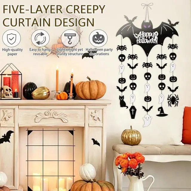 Alt view image 5 of 7 - Halloween Door Decorations, Black Bat Hanging Door Sign with Pumpkin Ghost Skull Spider Ornaments, Happy Halloween Wall Decor for Indoor Outdoor Home Party Haunted House Decor