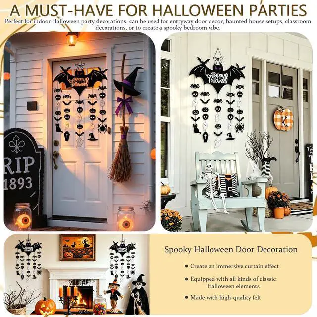 Alt view image 6 of 7 - Halloween Door Decorations, Black Bat Hanging Door Sign with Pumpkin Ghost Skull Spider Ornaments, Happy Halloween Wall Decor for Indoor Outdoor Home Party Haunted House Decor