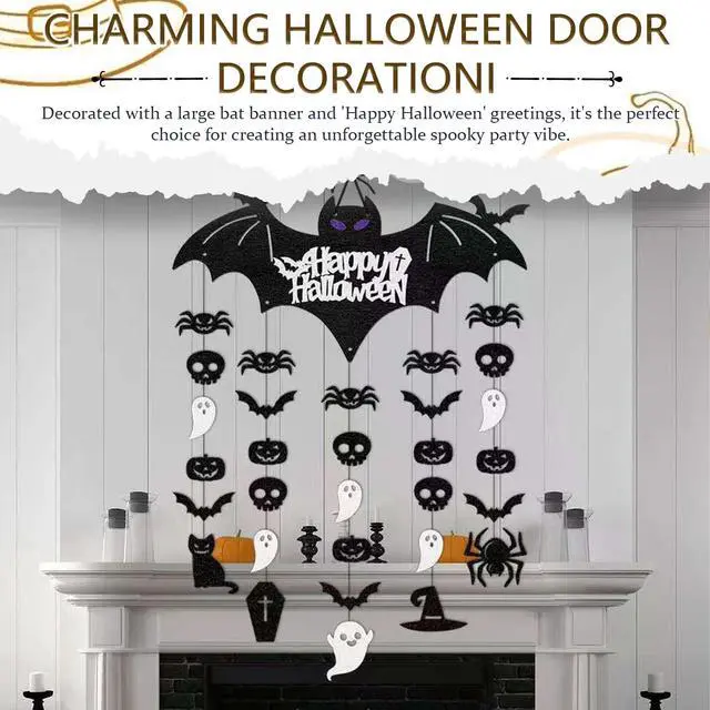 Alt view image 4 of 7 - Halloween Door Decorations, Black Bat Hanging Door Sign with Pumpkin Ghost Skull Spider Ornaments, Happy Halloween Wall Decor for Indoor Outdoor Home Party Haunted House Decor
