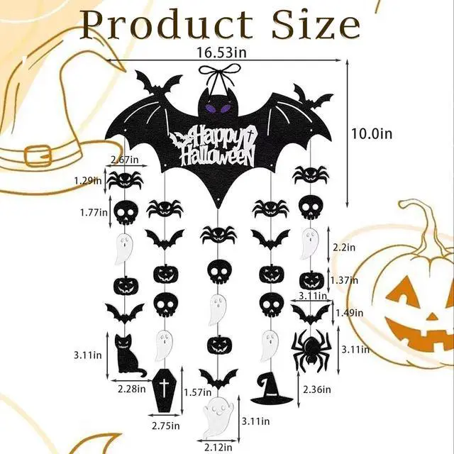 Alt view image 2 of 7 - Halloween Door Decorations, Black Bat Hanging Door Sign with Pumpkin Ghost Skull Spider Ornaments, Happy Halloween Wall Decor for Indoor Outdoor Home Party Haunted House Decor