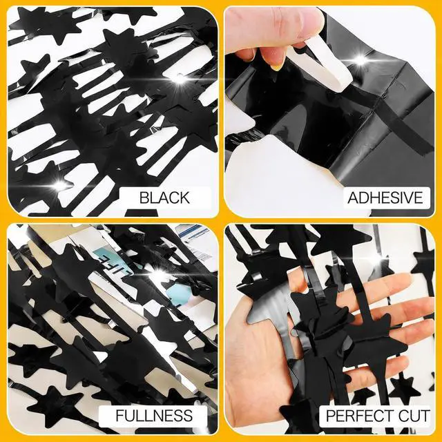 Alt view image 3 of 7 - 2pcs Star Banner Foil Curtain Backdrop 3.2x9.8ft Hanging Star Garland | Black, for Graduation, Wedding, Anniversary Party, Birthday, Halloween, New Years Eve, Christmas, Photo Booth Props Decor