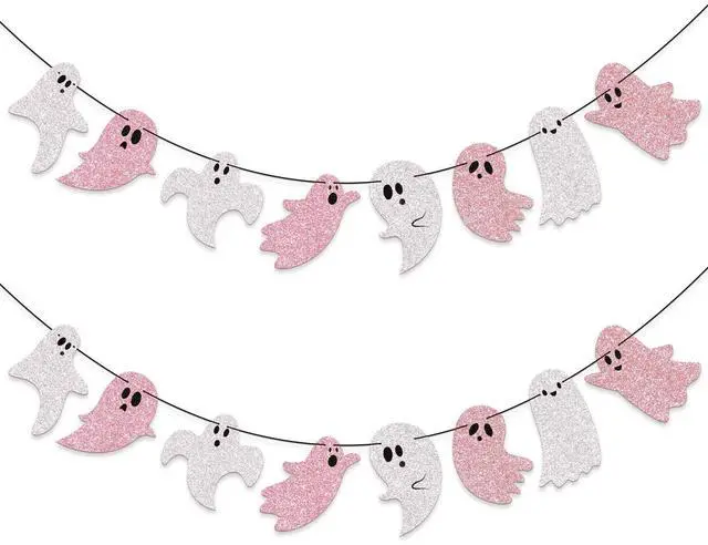 Main image of 2 Pcs 8.2 ft Halloween Ghost Garland Banner, Pink White Glitter | Cute Pastel Halloween Party Decor, Pink Ghost Hanging Decor for Mantel Fireplace Wall Doorway Haunted House Indoor Outdoor