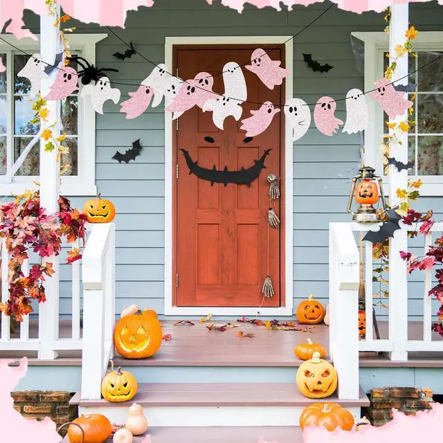 Alt view image 2 of 6 - 2 Pcs 8.2 ft Halloween Ghost Garland Banner, Pink White Glitter | Cute Pastel Halloween Party Decor, Pink Ghost Hanging Decor for Mantel Fireplace Wall Doorway Haunted House Indoor Outdoor