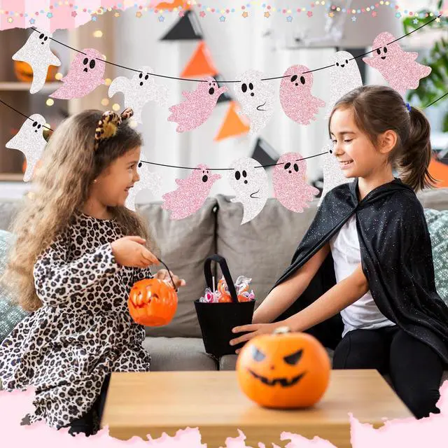 Alt view image 3 of 6 - 2 Pcs 8.2 ft Halloween Ghost Garland Banner, Pink White Glitter | Cute Pastel Halloween Party Decor, Pink Ghost Hanging Decor for Mantel Fireplace Wall Doorway Haunted House Indoor Outdoor