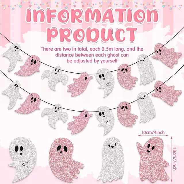 Alt view image 5 of 6 - 2 Pcs 8.2 ft Halloween Ghost Garland Banner, Pink White Glitter | Cute Pastel Halloween Party Decor, Pink Ghost Hanging Decor for Mantel Fireplace Wall Doorway Haunted House Indoor Outdoor