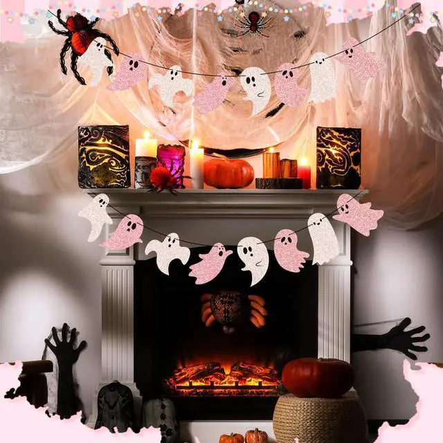 Alt view image 4 of 6 - 2 Pcs 8.2 ft Halloween Ghost Garland Banner, Pink White Glitter | Cute Pastel Halloween Party Decor, Pink Ghost Hanging Decor for Mantel Fireplace Wall Doorway Haunted House Indoor Outdoor