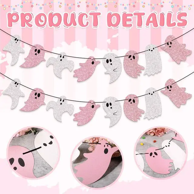 Alt view image 6 of 6 - 2 Pcs 8.2 ft Halloween Ghost Garland Banner, Pink White Glitter | Cute Pastel Halloween Party Decor, Pink Ghost Hanging Decor for Mantel Fireplace Wall Doorway Haunted House Indoor Outdoor