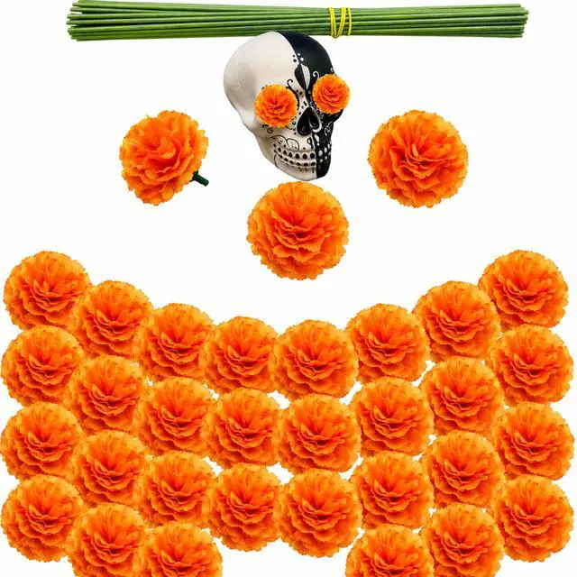 Main image of Marigold Flower Heads Bulk 30Pcs, Day of the Dead Dia De Los Muertos Mexican Artificial Flowers for Diwali Home DIY Wreath Garland Decoration Halloween Decor for Indian Pooja Floral(Orange)