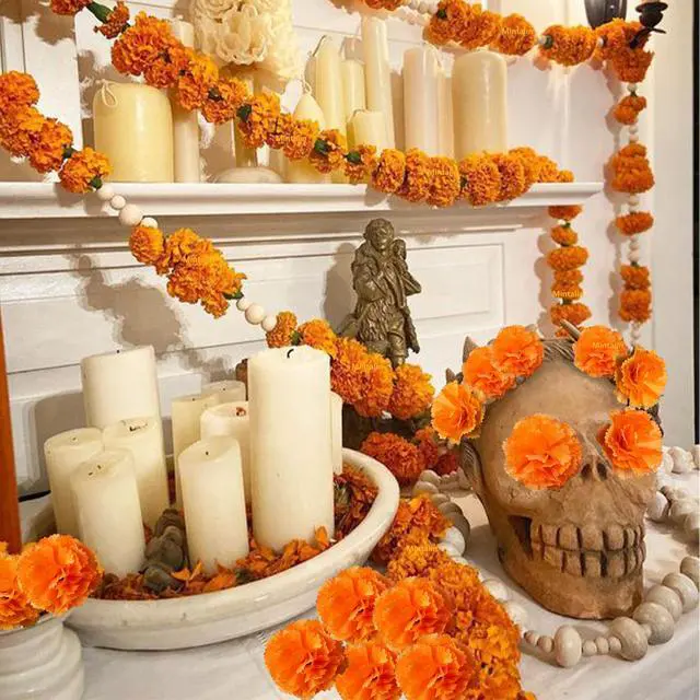Alt view image 6 of 7 - Marigold Flower Heads Bulk 30Pcs, Day of the Dead Dia De Los Muertos Mexican Artificial Flowers for Diwali Home DIY Wreath Garland Decoration Halloween Decor for Indian Pooja Floral(Orange)