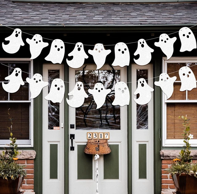 Main image of 2 Pack Glittery Halloween Hanging Ghost Banners Halloween Party White Ghost Garland Party Banner for Haunted Houses Home Decorations Supplies White