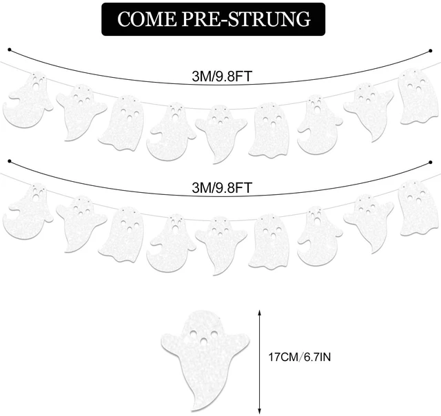 Alt view image 2 of 7 - 2 Pack Glittery Halloween Hanging Ghost Banners Halloween Party White Ghost Garland Party Banner for Haunted Houses Home Decorations Supplies White