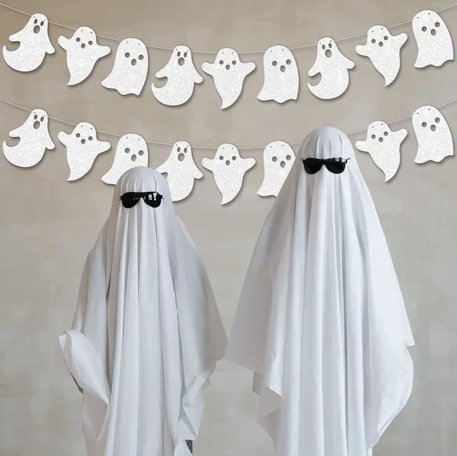 Alt view image 3 of 7 - 2 Pack Glittery Halloween Hanging Ghost Banners Halloween Party White Ghost Garland Party Banner for Haunted Houses Home Decorations Supplies White