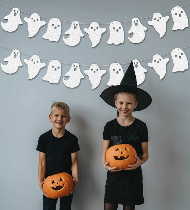 Alt view image 5 of 7 - 2 Pack Glittery Halloween Hanging Ghost Banners Halloween Party White Ghost Garland Party Banner for Haunted Houses Home Decorations Supplies White