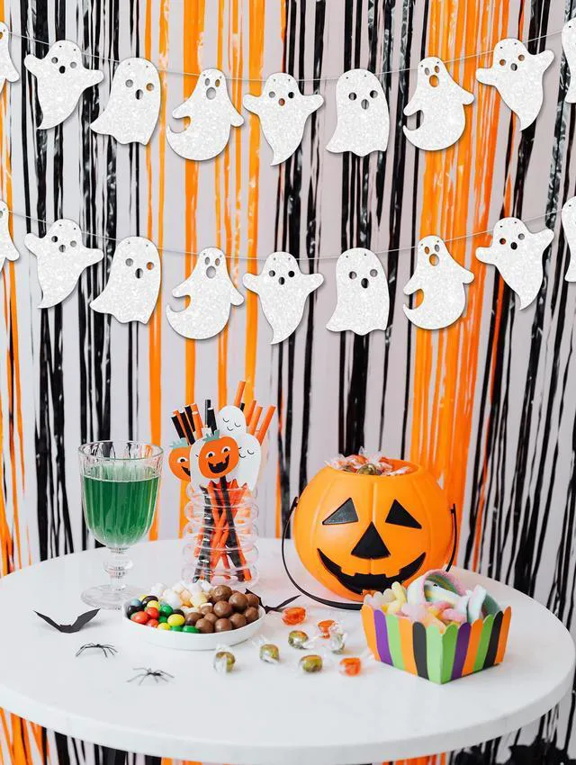 Alt view image 6 of 7 - 2 Pack Glittery Halloween Hanging Ghost Banners Halloween Party White Ghost Garland Party Banner for Haunted Houses Home Decorations Supplies White