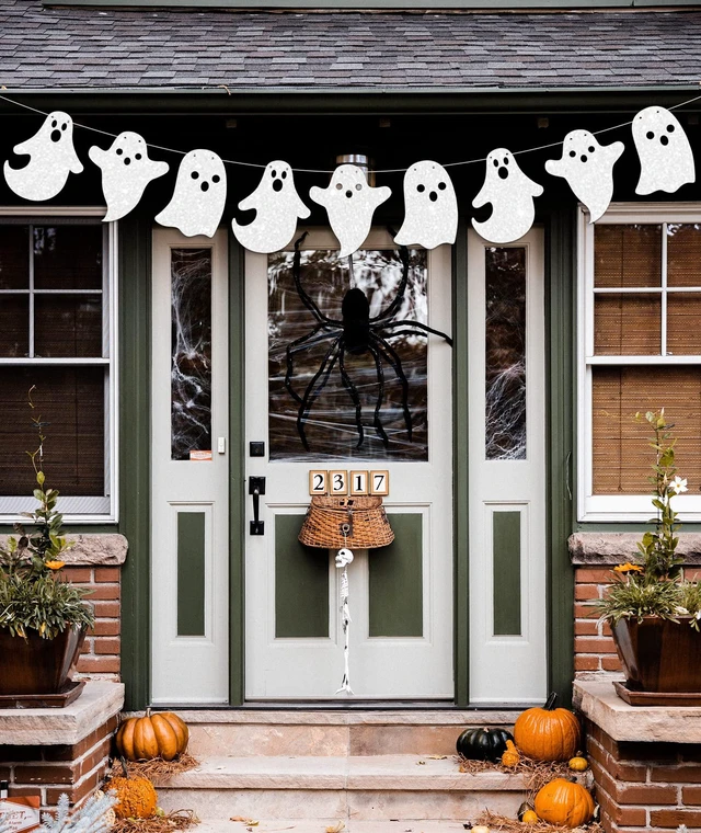 Alt view image 4 of 7 - 2 Pack Glittery Halloween Hanging Ghost Banners Halloween Party White Ghost Garland Party Banner for Haunted Houses Home Decorations Supplies White