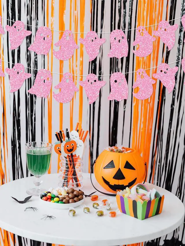 Alt view image 6 of 6 - 2 Pack Glittery Halloween Hanging Ghost Banners Halloween Party White Ghost Garland Party Banner for Haunted Houses Home Decorations Supplies Pink