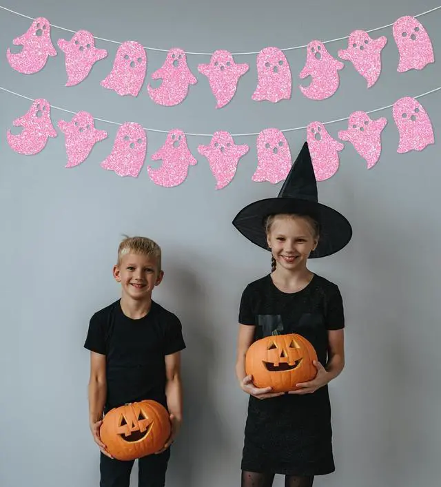 Alt view image 4 of 6 - 2 Pack Glittery Halloween Hanging Ghost Banners Halloween Party White Ghost Garland Party Banner for Haunted Houses Home Decorations Supplies Pink