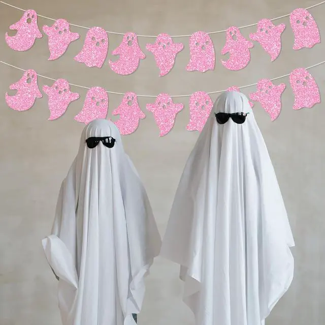 Alt view image 5 of 6 - 2 Pack Glittery Halloween Hanging Ghost Banners Halloween Party White Ghost Garland Party Banner for Haunted Houses Home Decorations Supplies Pink