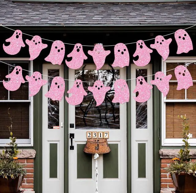 Main image of 2 Pack Glittery Halloween Hanging Ghost Banners Halloween Party White Ghost Garland Party Banner for Haunted Houses Home Decorations Supplies Pink