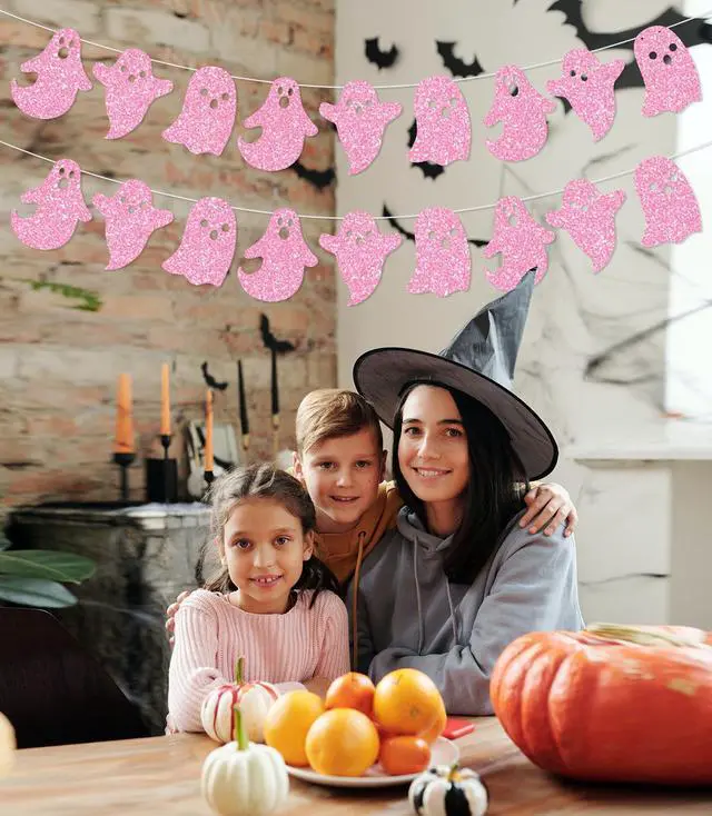 Alt view image 3 of 6 - 2 Pack Glittery Halloween Hanging Ghost Banners Halloween Party White Ghost Garland Party Banner for Haunted Houses Home Decorations Supplies Pink