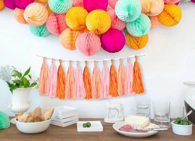 Alt view image 2 of 4 - 15PCS Pink Orange Peach DIY Tissue Tassel Garland Groovy Retro Party Tassel Banner Bunting Streamer for Girl Baby Shower Groovy Halloween Birthday Bridal Shower Nursery Classroom Wall Hanging Décor
