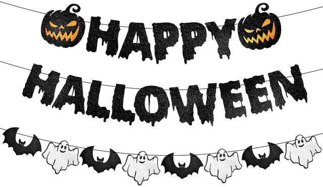 Main image of Black Glitter Happy Halloween Banner - Halloween Hanging Paper Garland Bunting Banner with Pumpkin, Ghost, and Bat Decorations, Photo Backdrop for Wall Home Mantle Office Wall Scary Party Supplies