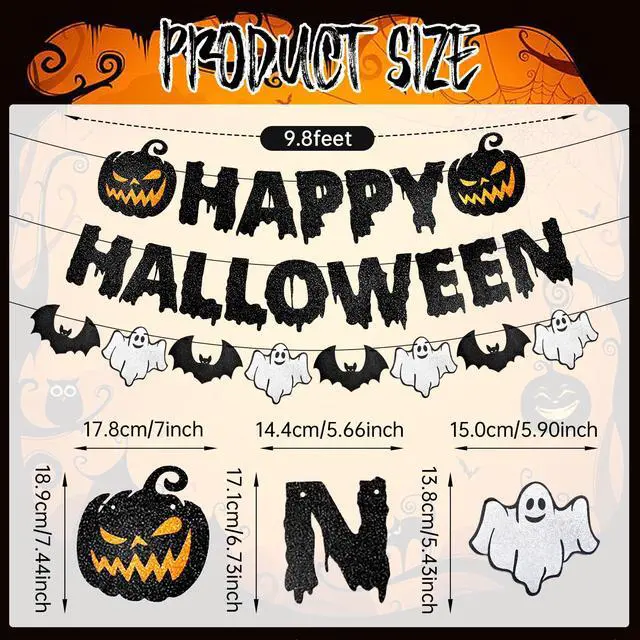 Alt view image 2 of 7 - Black Glitter Happy Halloween Banner - Halloween Hanging Paper Garland Bunting Banner with Pumpkin, Ghost, and Bat Decorations, Photo Backdrop for Wall Home Mantle Office Wall Scary Party Supplies