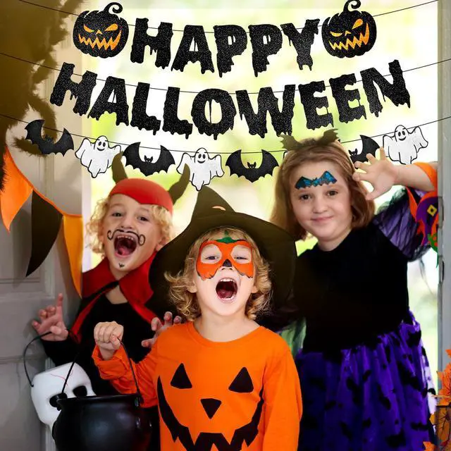 Alt view image 4 of 7 - Black Glitter Happy Halloween Banner - Halloween Hanging Paper Garland Bunting Banner with Pumpkin, Ghost, and Bat Decorations, Photo Backdrop for Wall Home Mantle Office Wall Scary Party Supplies