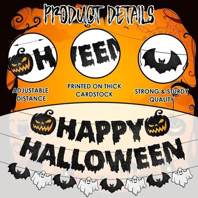 Alt view image 3 of 7 - Black Glitter Happy Halloween Banner - Halloween Hanging Paper Garland Bunting Banner with Pumpkin, Ghost, and Bat Decorations, Photo Backdrop for Wall Home Mantle Office Wall Scary Party Supplies