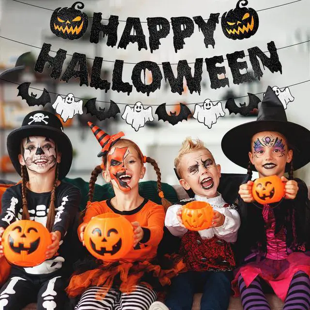 Alt view image 5 of 7 - Black Glitter Happy Halloween Banner - Halloween Hanging Paper Garland Bunting Banner with Pumpkin, Ghost, and Bat Decorations, Photo Backdrop for Wall Home Mantle Office Wall Scary Party Supplies