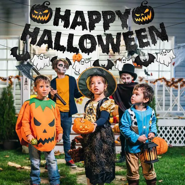 Alt view image 6 of 7 - Black Glitter Happy Halloween Banner - Halloween Hanging Paper Garland Bunting Banner with Pumpkin, Ghost, and Bat Decorations, Photo Backdrop for Wall Home Mantle Office Wall Scary Party Supplies