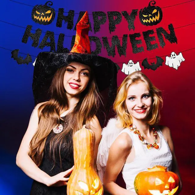 Alt view image 7 of 7 - Black Glitter Happy Halloween Banner - Halloween Hanging Paper Garland Bunting Banner with Pumpkin, Ghost, and Bat Decorations, Photo Backdrop for Wall Home Mantle Office Wall Scary Party Supplies