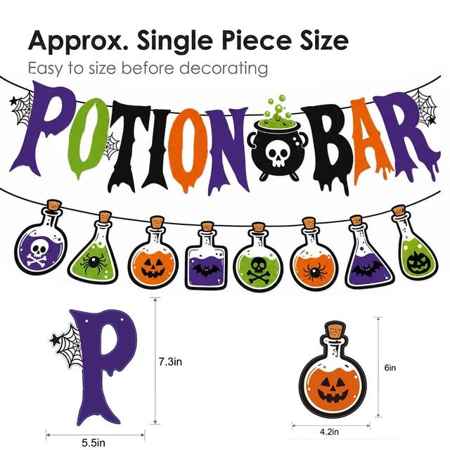 Alt view image 2 of 6 - 2Pcs Halloween Potion Bar Banner Bottle Garland Party Supplies | Potion Bar Banner and 8 Bottle Garland Witches Haunted House Banner Halloween Party Decorations