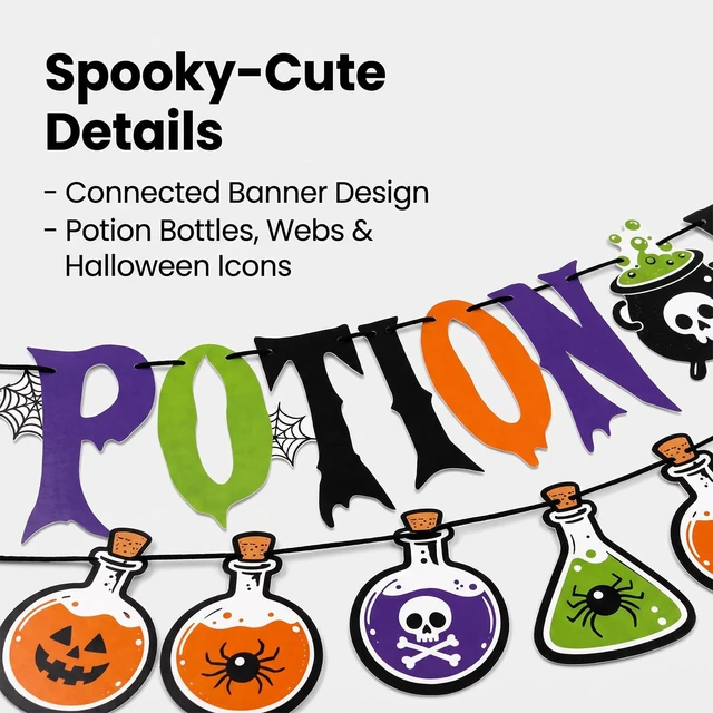 Alt view image 3 of 6 - 2Pcs Halloween Potion Bar Banner Bottle Garland Party Supplies | Potion Bar Banner and 8 Bottle Garland Witches Haunted House Banner Halloween Party Decorations