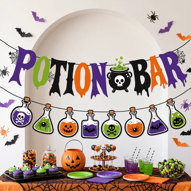 Alt view image 4 of 6 - 2Pcs Halloween Potion Bar Banner Bottle Garland Party Supplies | Potion Bar Banner and 8 Bottle Garland Witches Haunted House Banner Halloween Party Decorations