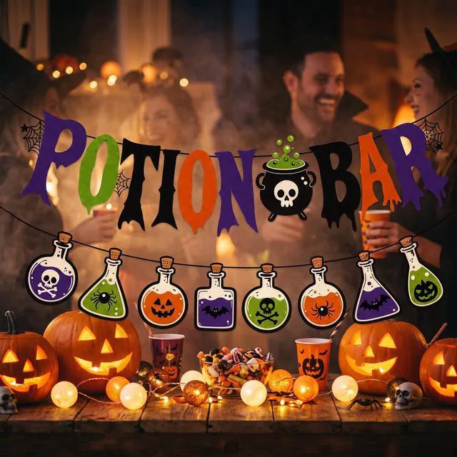 Alt view image 5 of 6 - 2Pcs Halloween Potion Bar Banner Bottle Garland Party Supplies | Potion Bar Banner and 8 Bottle Garland Witches Haunted House Banner Halloween Party Decorations
