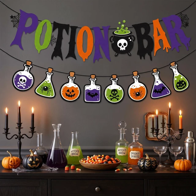 Alt view image 6 of 6 - 2Pcs Halloween Potion Bar Banner Bottle Garland Party Supplies | Potion Bar Banner and 8 Bottle Garland Witches Haunted House Banner Halloween Party Decorations