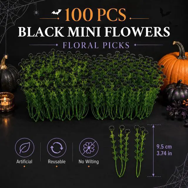 Alt view image 2 of 7 - Baby Breath Flowers Artificial - 100pcs Tiny Artificial Flowers | Mini Flower for Halloween Gothic Decor, Scrapbook Supplies, Garland Accents Bouquet Accessories, All Black, 3.74In