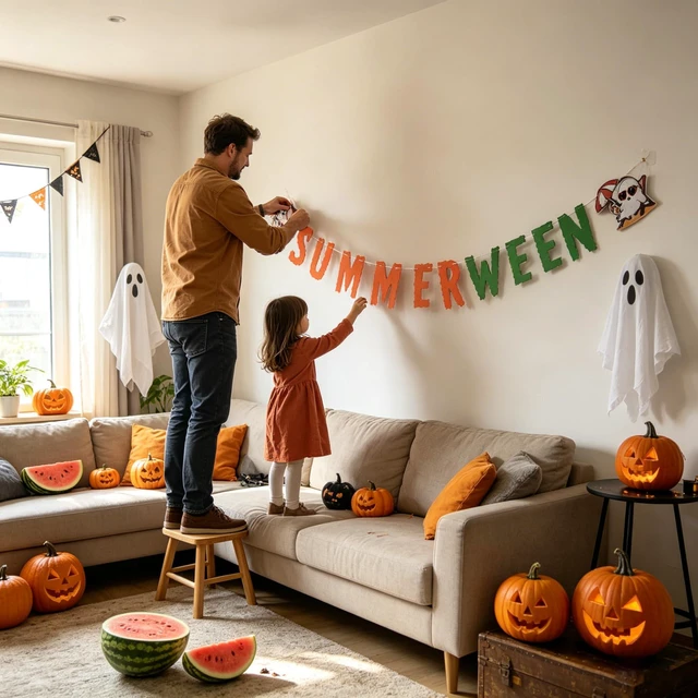 Alt view image 3 of 7 - Summerween Banner Decor Halloween Summer Garland Party Decoration | Orange Green Summerween Banner Decorations for Hawaiian Luau Beach Party Supplies Spooky Halloween Summer Decor Home Outdoor