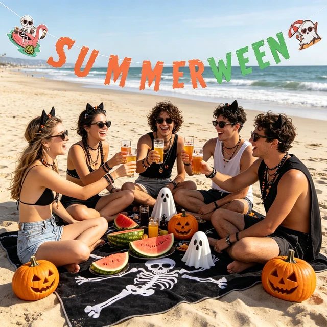 Alt view image 4 of 7 - Summerween Banner Decor Halloween Summer Garland Party Decoration | Orange Green Summerween Banner Decorations for Hawaiian Luau Beach Party Supplies Spooky Halloween Summer Decor Home Outdoor